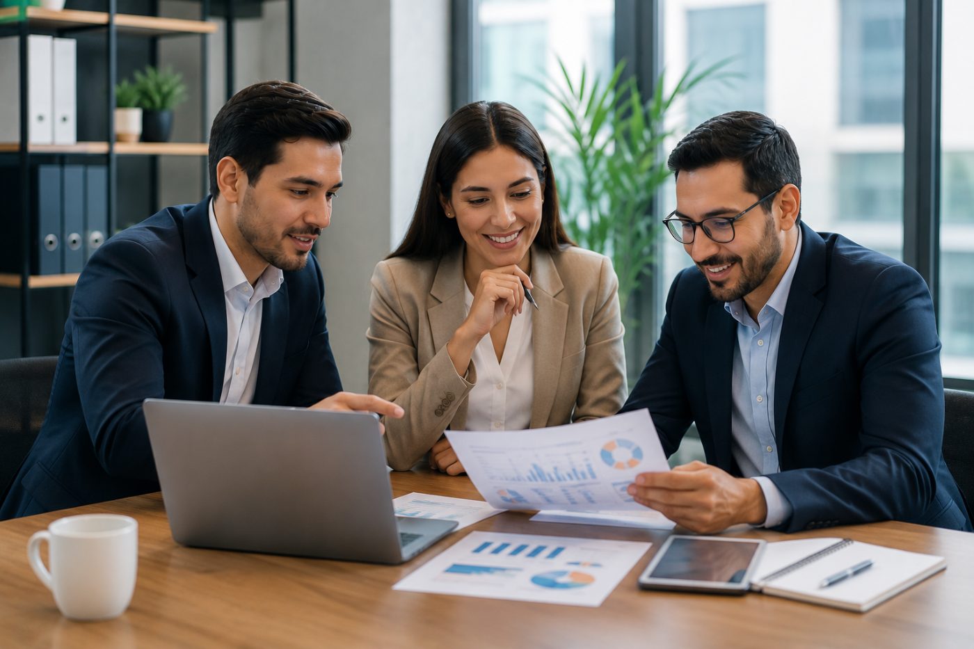 Equipo de trabajo revisando reportes de gestión de personal en una reunión de oficina